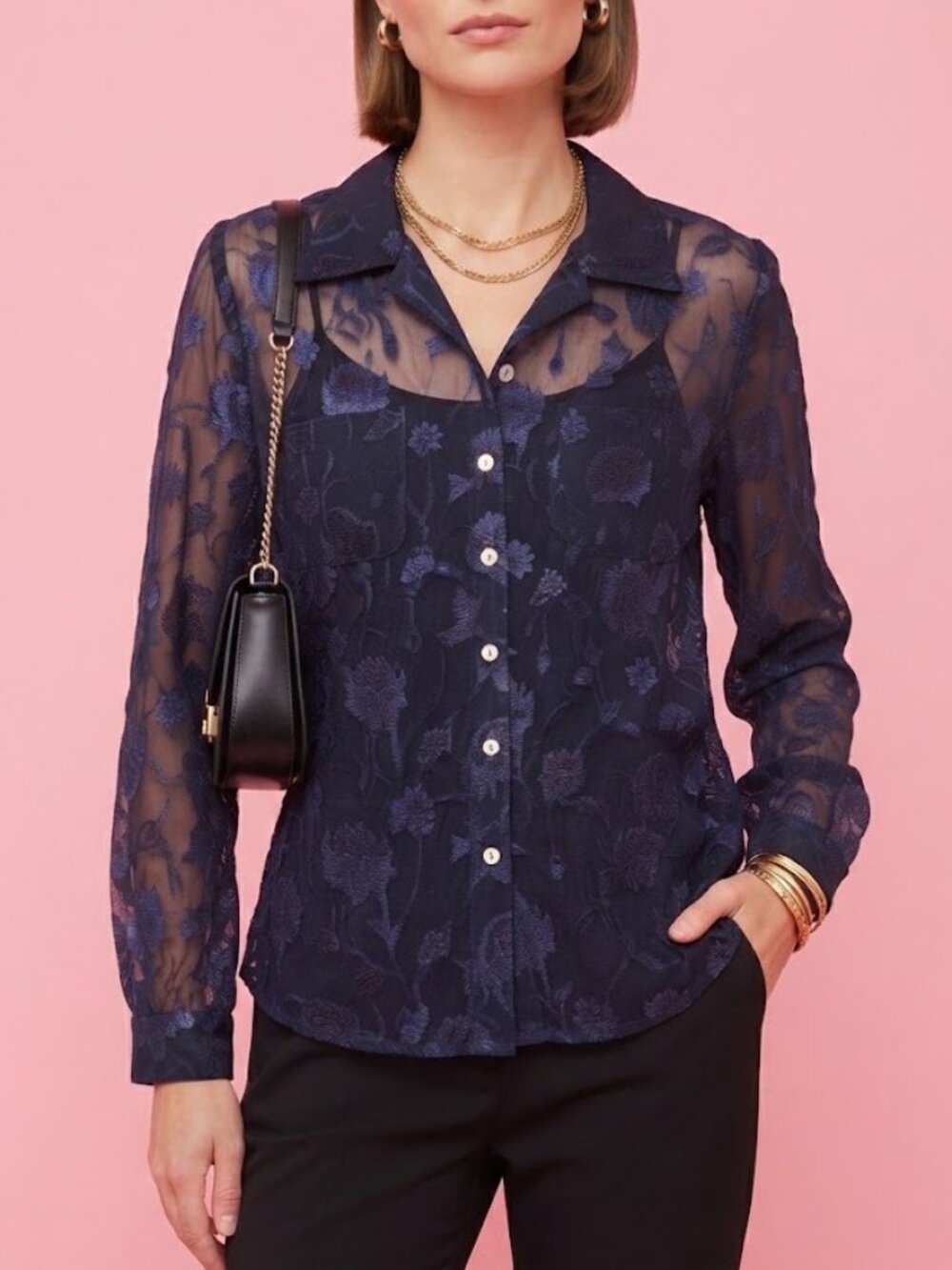 Navy Blue Sheer Floral Lace Button Front Blouse